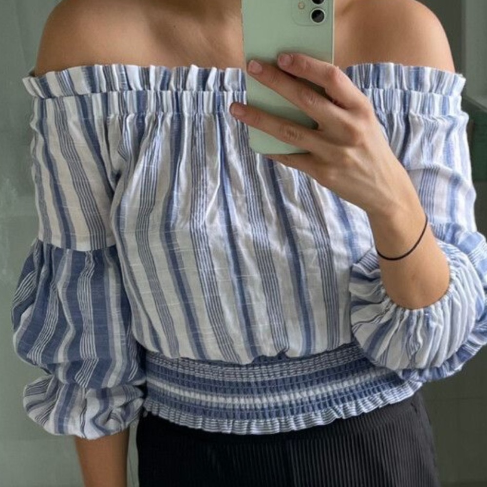 SUBOO blue and white striped off the shoulder top - Picture 6 of 6